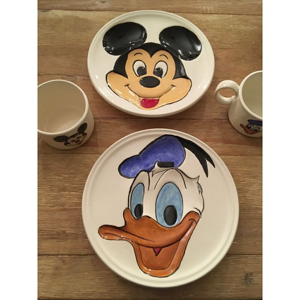 Vintage Disney Mickey Mouse Donald Duck Hand Painted Ceramic Plates & Mugs 1980